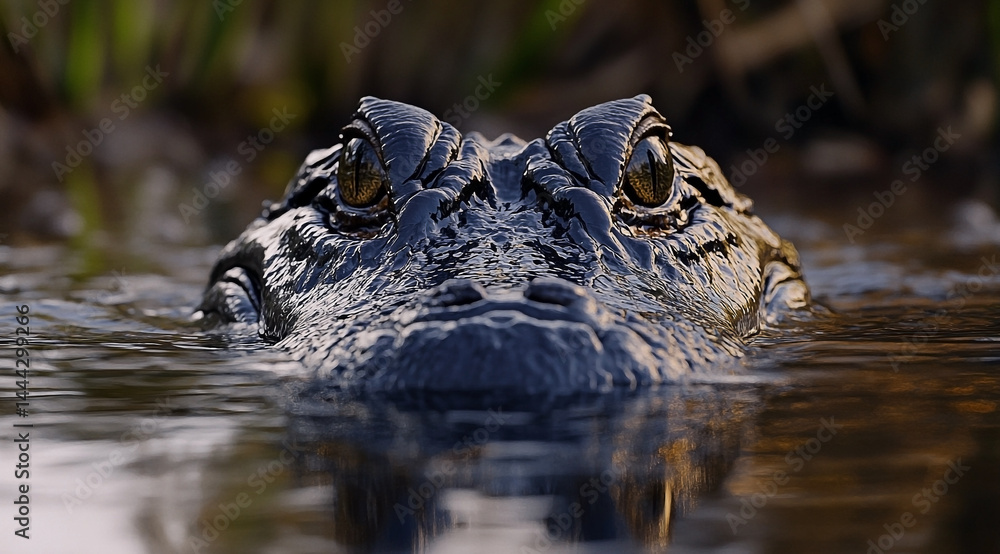 Alligator's intense gaze piercing through the surface of serene water Alligator's intense gaze piercing through the surface of serene water
