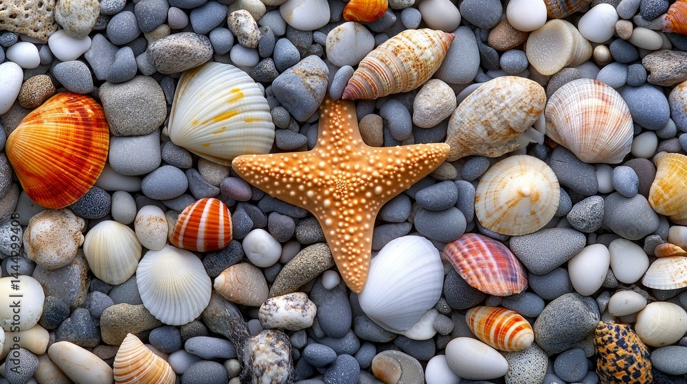 Starfish and Seashells on a Pebble Beach Starfish and Seashells on a Pebble Beach
