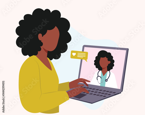 : Woman Video Calling Doctor on Laptop Online Medical Consultation in Flat Minimal Style