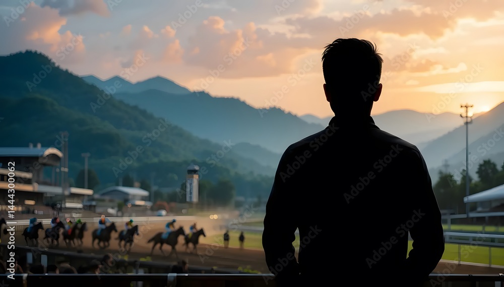 Fototapeta premium Spectator at Horse Race Track Watching Sunset over Mountains