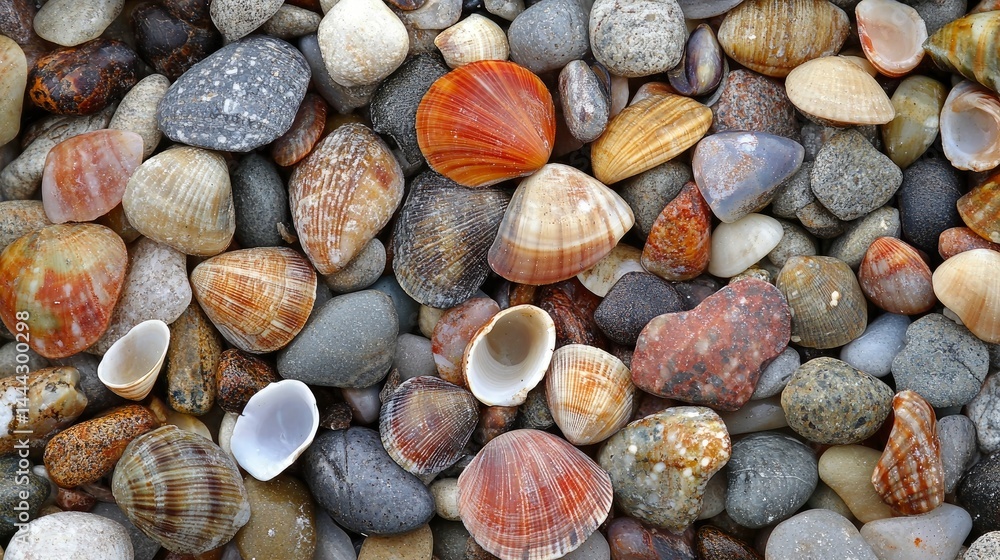 Seashells and Pebbles on a Beach A Colorful Texture Background Seashells and Pebbles on a Beach A Colorful Texture Background