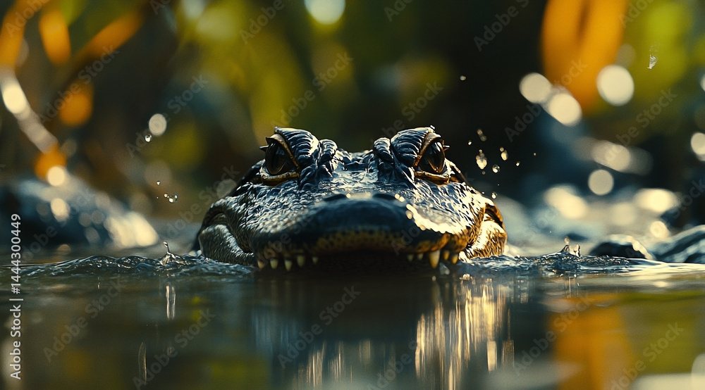 Menacing alligator lurking in murky waters with droplets shimmering around it Menacing alligator lurking in murky waters with droplets shimmering around it