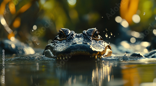 Menacing alligator lurking in murky waters with droplets shimmering around it