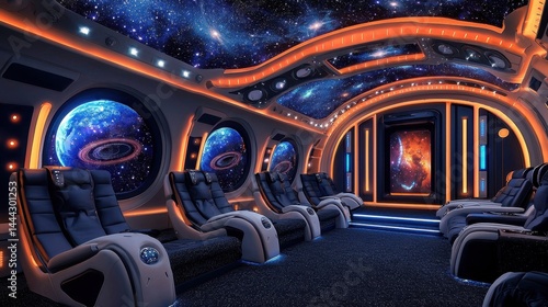 Luxurious, futuristic home theater with galaxy-themed ceiling and comfortable seating.
