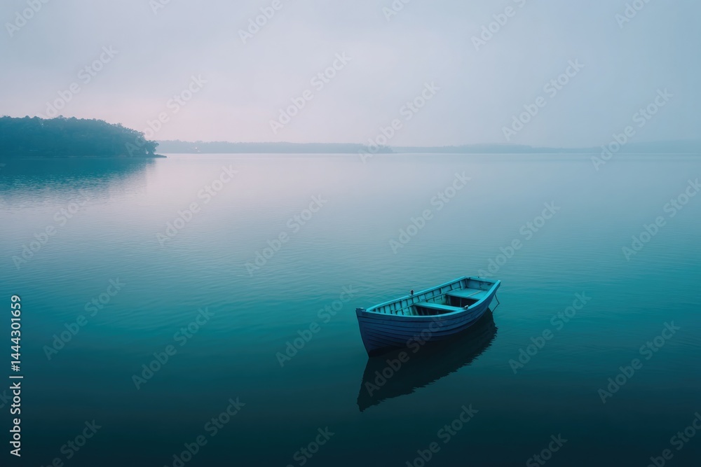 Naklejka premium lone boat floats peacefully under overcast skies at ha long bay epitomizing vietnam natural serenity