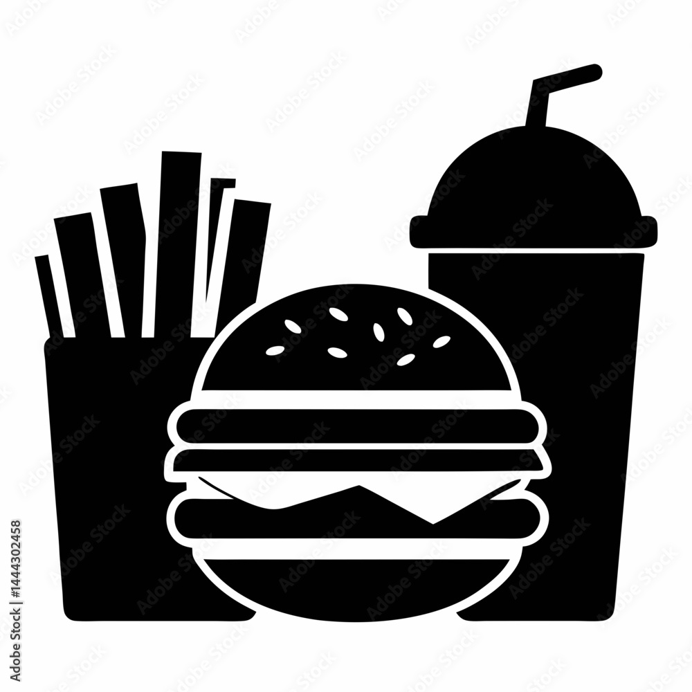 Fast Food Combo Silhouette Vector on White Fast Food Combo Silhouette Vector on White