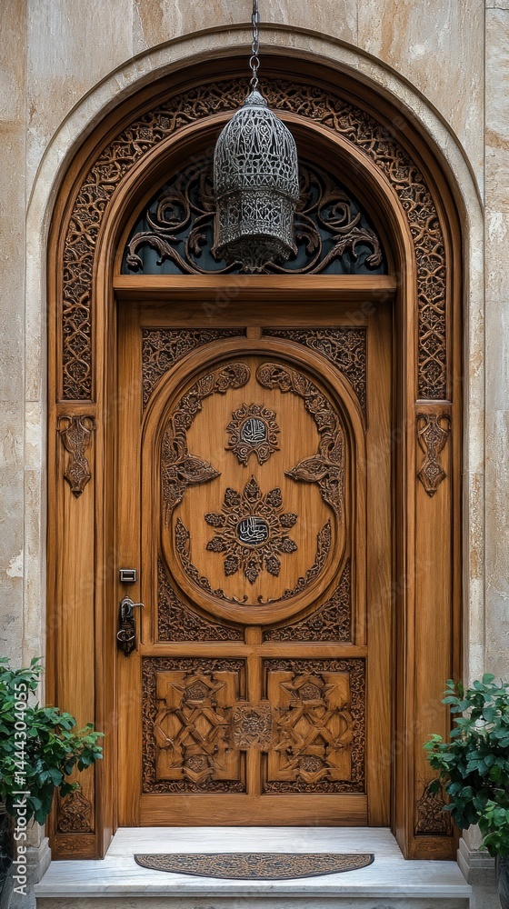 Obraz premium Intricate Carved Wooden Doorway with Hanging Lantern