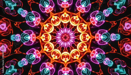 Colorful kaleidoscope pattern with floral designs on black background  