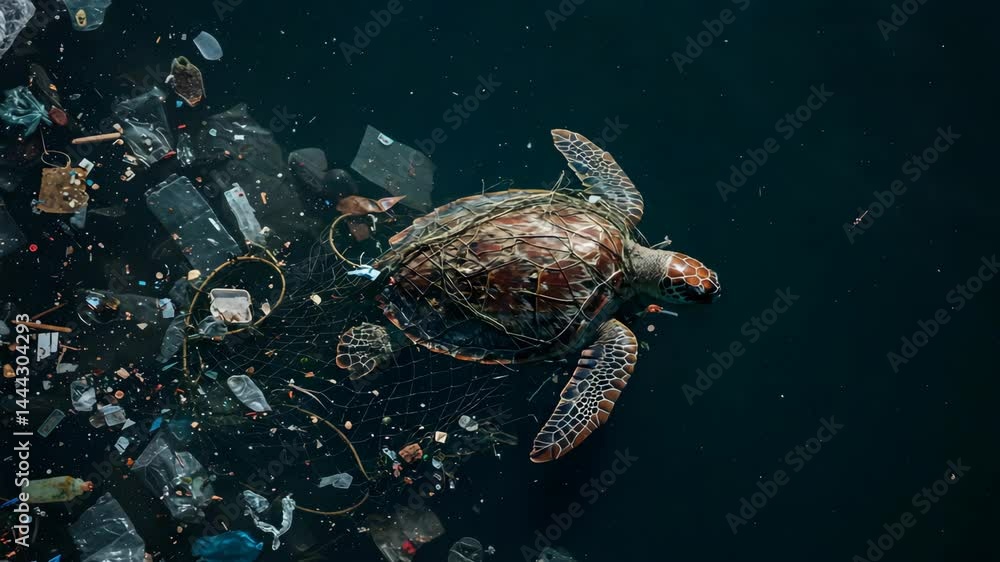 Sea turtle swimming through plastic trash and ocean waste Sea turtle swimming through plastic trash and ocean waste