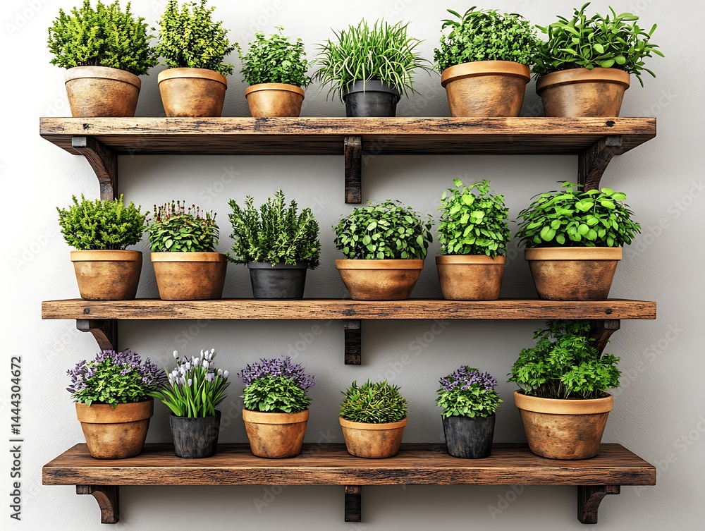 Rustic wooden shelves display a variety of potted herbs Rustic wooden shelves display a variety of potted herbs