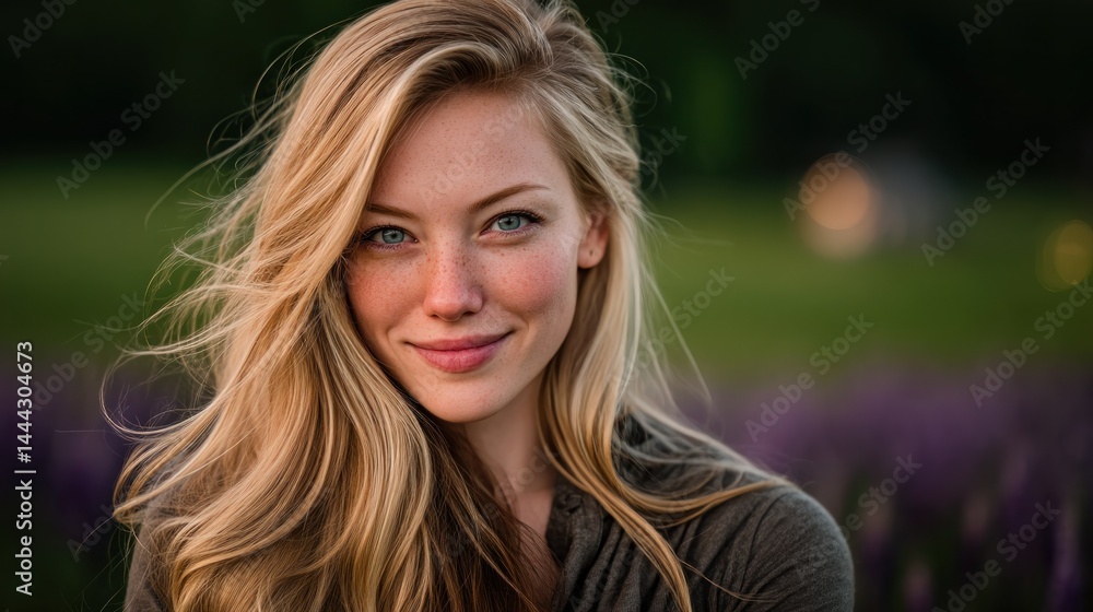 Smiling fair haired woman in soft green-purple bokeh field Smiling fair haired woman in soft green-purple bokeh field