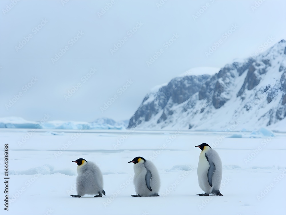 Naklejka premium Three penguins walking on the ice in front of a snow covered mountain