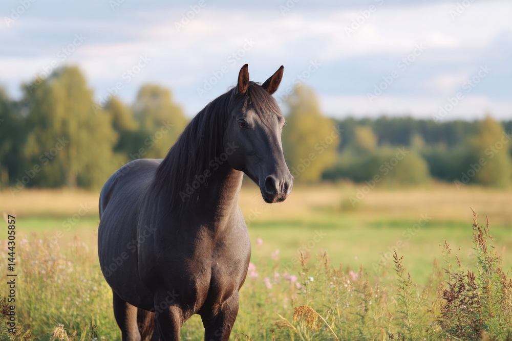 majestic horse stands in vast open field dotted with wildflowers as soft sunlight casts its gentle glow majestic horse stands in vast open field dotted with wildflowers as soft sunlight casts its gentle glow