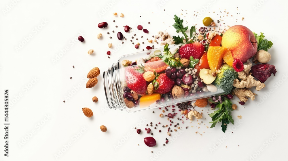 Nutrient capsule bursting with colorful fruits, vegetables, nuts, and beans, symbolizing natural health and wellness, isolated on a clean white background Nutrient capsule bursting with colorful fruits, vegetables, nuts, and beans, symbolizing natural health and wellness, isolated on a clean white background