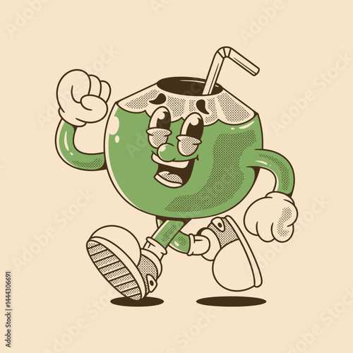 Cheerful Running Coconut Character with Retro Cartoon Style