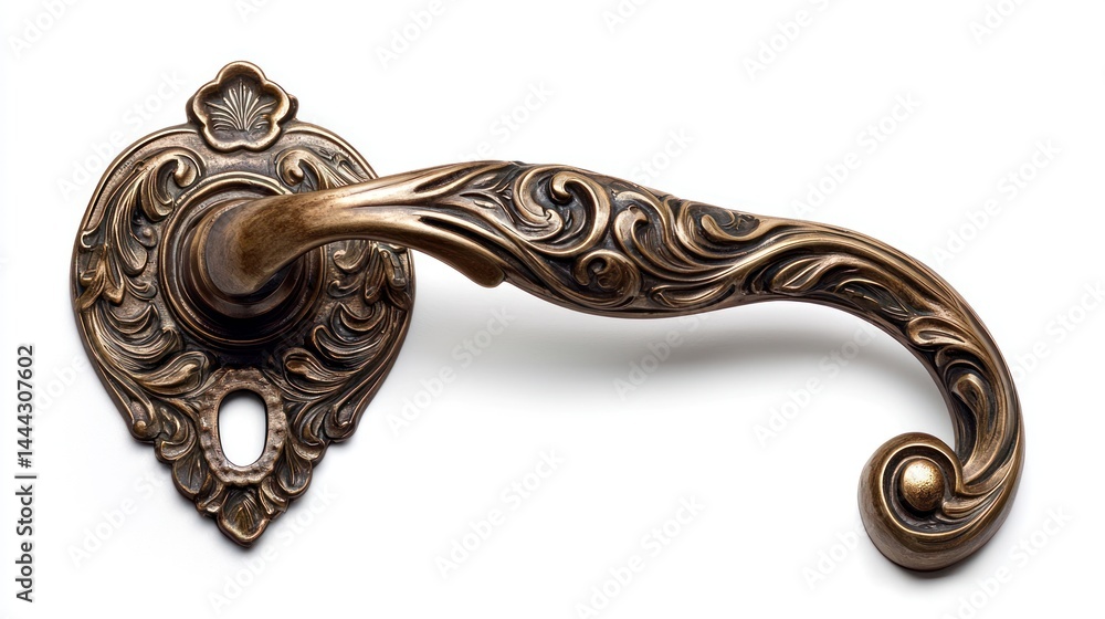 Art Nouveau-style bronze door handle with flowing patterns and keyhole, on white Art Nouveau-style bronze door handle with flowing patterns and keyhole, on white