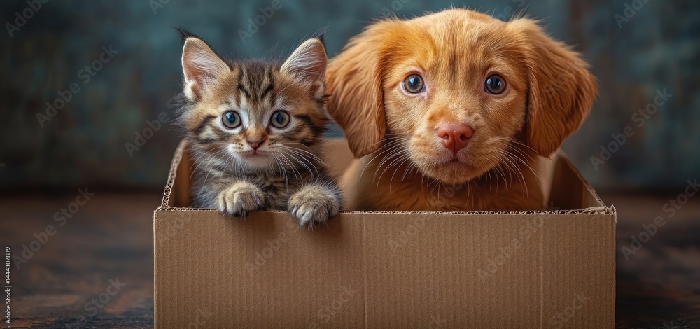 Adorable Kitten and Puppy in a Cardboard Box
