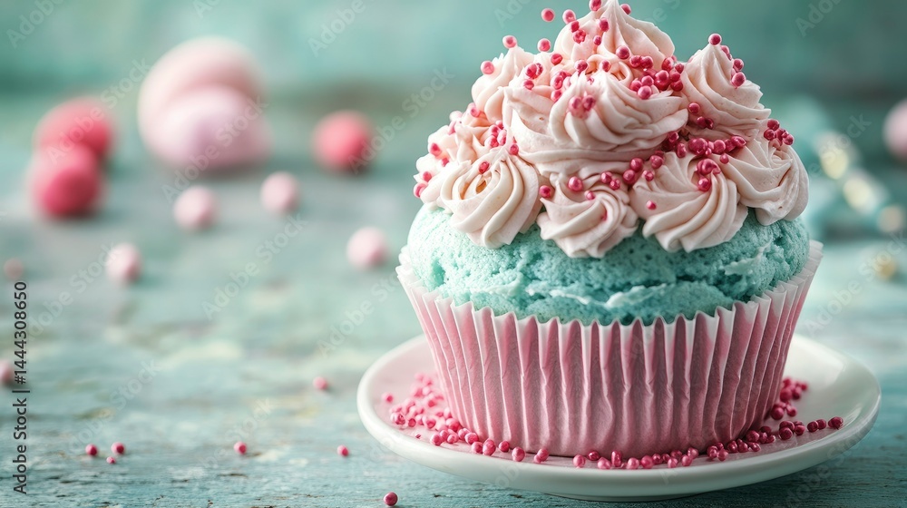Delightful Pastel Cupcake with Pink Sprinkles on Rustic Wooden Background Delightful Pastel Cupcake with Pink Sprinkles on Rustic Wooden Background