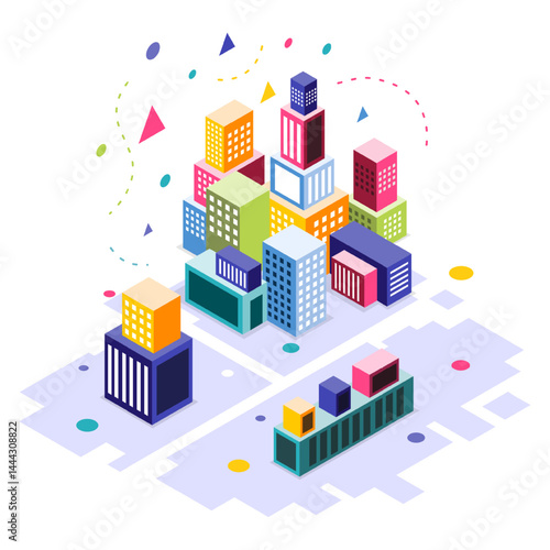 Isometric colorful urban cityscape illustration with data visualization and technology for modern business presentation
