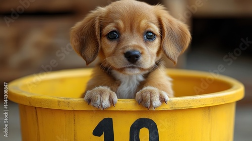 Adorable Puppy in Yellow Bucket: A heartwarming image of a small, brown puppy peering over the edge of a bright yellow bucket, capturing its innocent charm and playful nature.