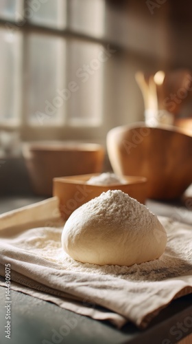 flour gently settling over round dough ball, sunlit kitchen interior, dreamy soft background