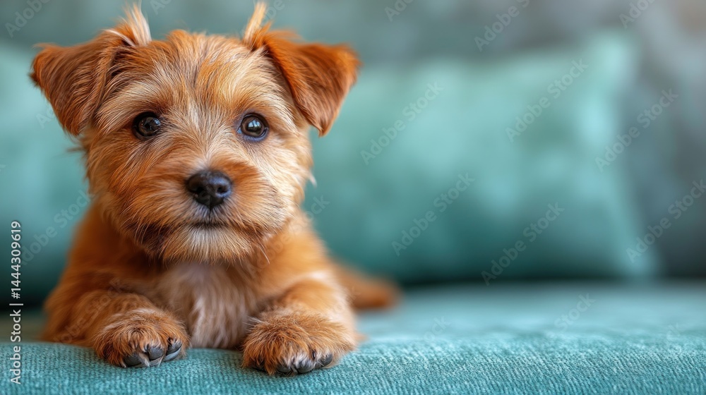 Adorable Puppy on Teal Sofa: A Portrait of Canine Cuteness