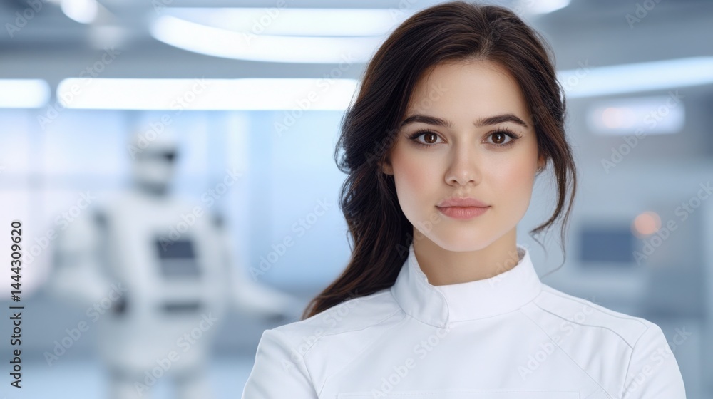 Confident female engineer in a sleek laboratory, futuristic robots and glowing blueprints in the background, modern and dynamic Confident female engineer in a sleek laboratory, futuristic robots and glowing blueprints in the background, modern and dynamic