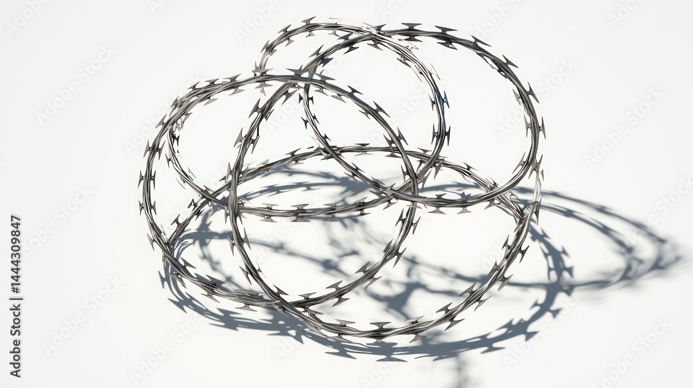 Barbed wire wrapped into circular loops with shadows on white background. Barbed wire wrapped into circular loops with shadows on white background.
