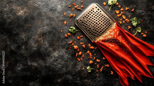 Fototapeta Naklejka Na Ścianę i Meble -  Grater Superhero Cape Food Photography with Gold Glitter