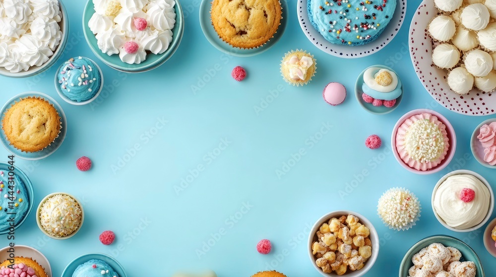 Sweet Treats Border on Light Blue Background Delicious Cupcakes, Cakes, and Confectionery