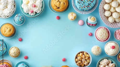 Obraz na płótnie Sweet Treats Border on Light Blue Background Delicious Cupcakes, Cakes, and Confectionery w salonie