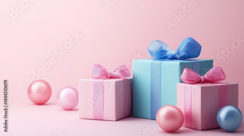 Pastel Pink and Blue Gift Boxes with Decorative Balls on Pink Background