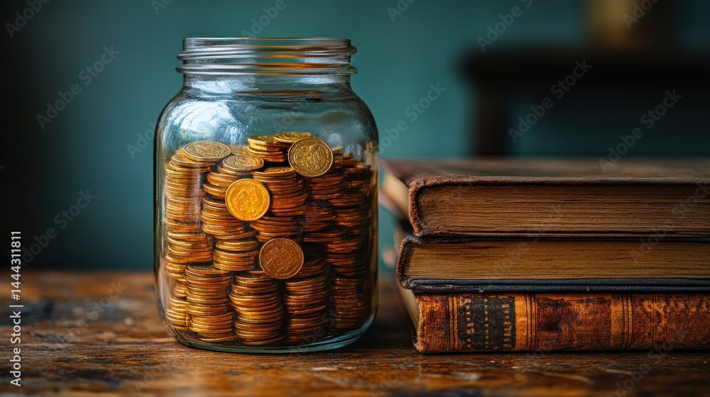 Mason Jar Filled with Gold Coins Beside Stack of Antique Books