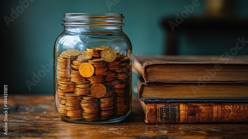 Obraz na płótnie Mason Jar Filled with Gold Coins Beside Stack of Antique Books w salonie