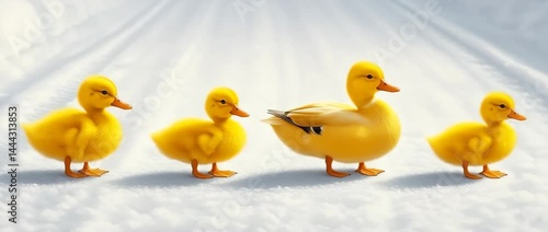 Ducklings in a Row: A heartwarming image featuring four adorable ducklings, including a slightly larger duckling leading the way, as they waddle in single file down a pristine white path.