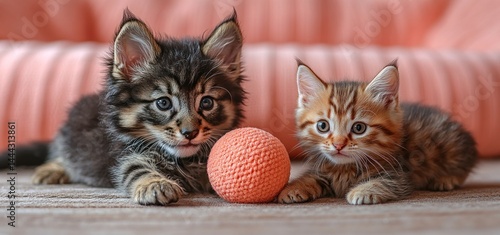 Obraz na płótnie Adorable Kittens Playing with a Yarn Ball w salonie