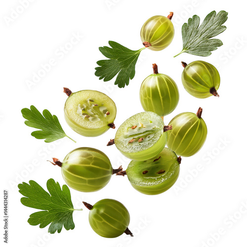 Fresh gooseberry fruit flying in air, sliced and whole, surrounded by green leaves on clean transparency background, creating vibrant and refreshing visual appeal