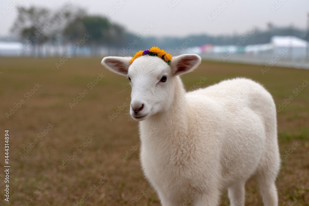 single lamb adorned with vibrant decorations stands calmly in foreground single lamb adorned with vibrant decorations stands calmly in foreground