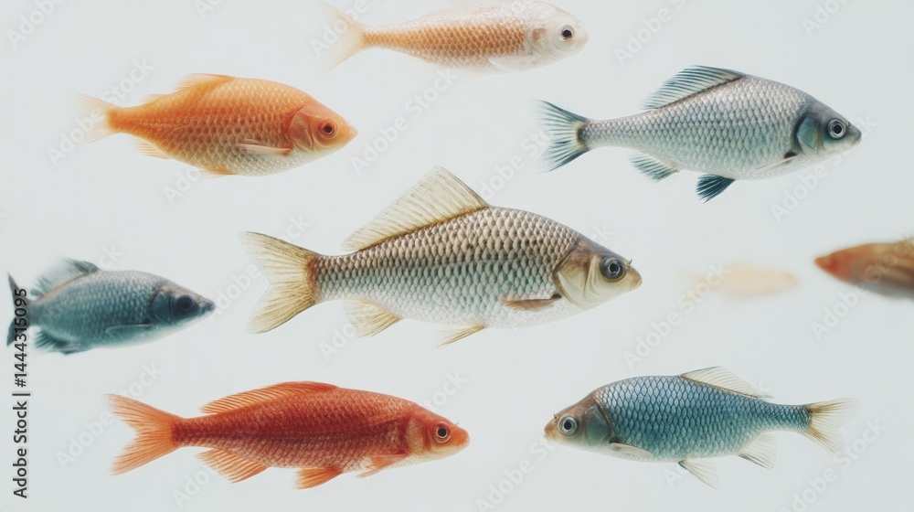 minimalistic composition of various fish species arranged artistically in clean water or against light background minimalistic composition of various fish species arranged artistically in clean water or against light background