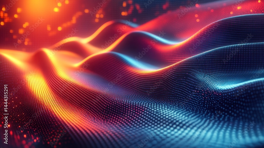 Abstract Digital Landscape: Waves of vibrant red and blue energy flowing across a dark, particle-based terrain, creating a mesmerizing and futuristic scene.