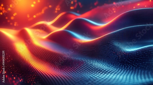 Obraz na płótnie Abstract Digital Landscape: Waves of vibrant red and blue energy flowing across a dark, particle-based terrain, creating a mesmerizing and futuristic scene. w salonie