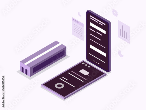 Isometric Foldable Smartphone Concept with Interface Screens