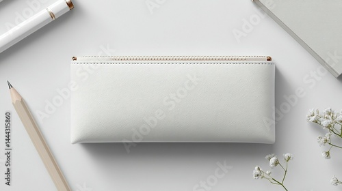 Blank white leather pencil case on a white surface with stationary and flowers.