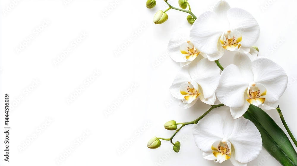 Obraz premium Blooming white orchids with green stems on white background.