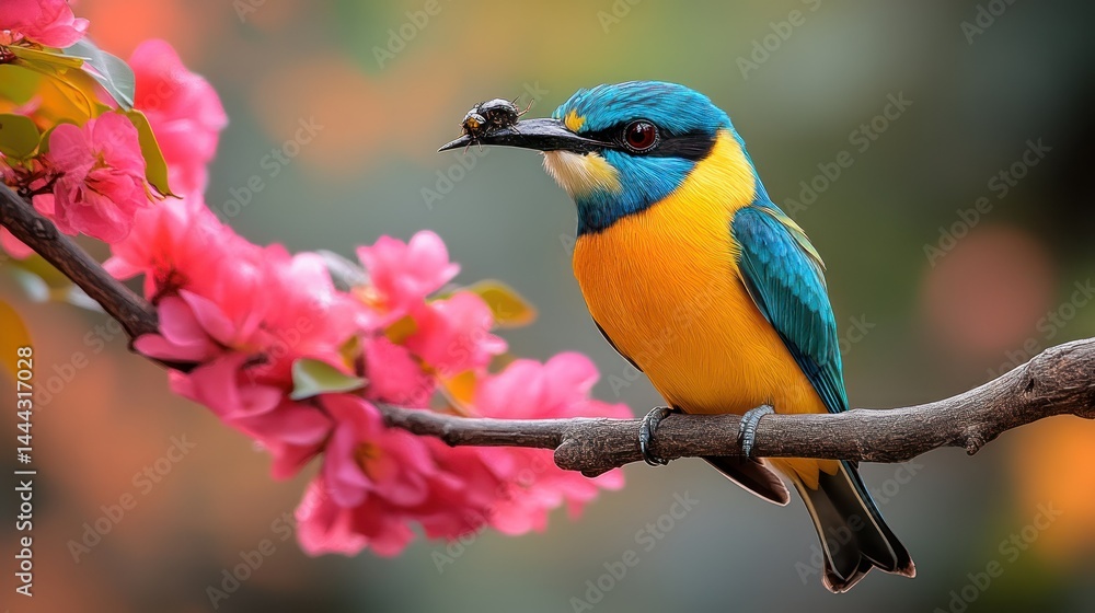 Fototapeta premium Colorful bird with insect, and pink flowers.