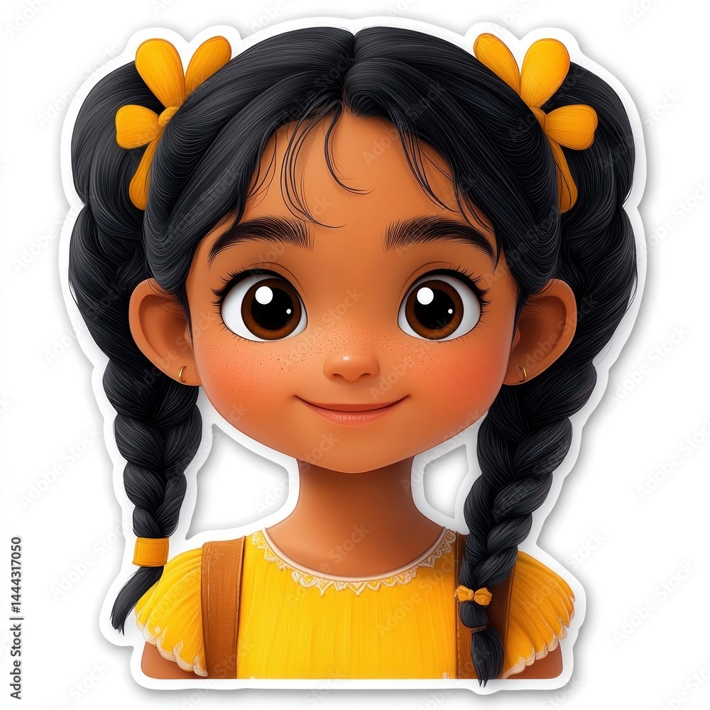 Adorable Cartoon Girl with Braids and Yellow Dress
