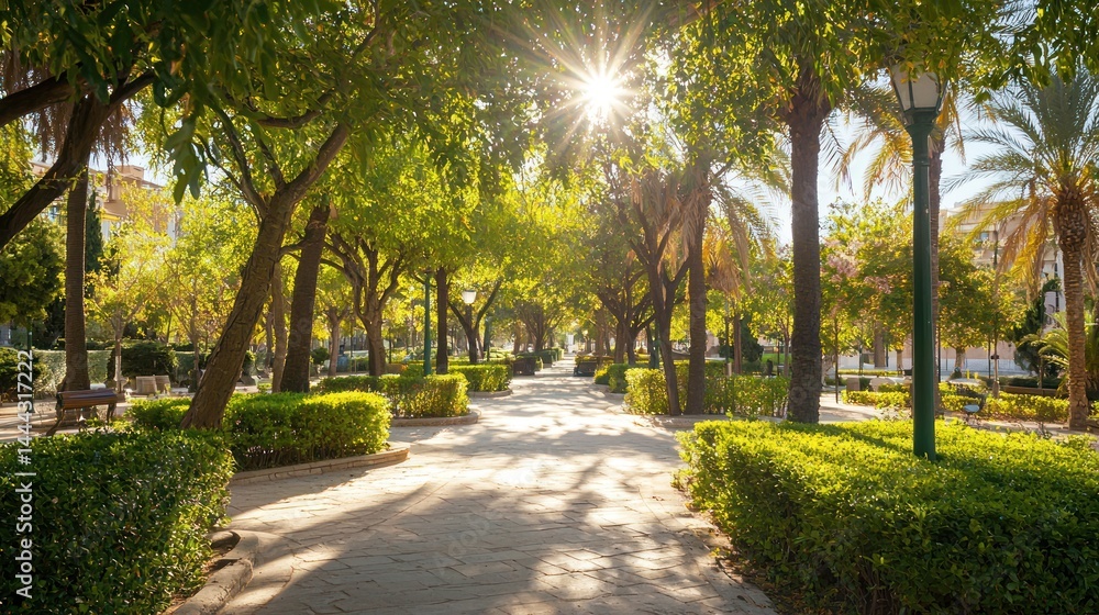 Fototapeta premium Bright and sunny park with trees providing shade and green shrubs on a white background