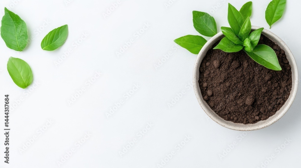 Naklejka premium Potted Soil with Basil Leaves Minimalist Bright Photography High Resolution Overhead Shot Fresh Growth White Background Green and Brown Tones Perfect for Gardening Blogs
