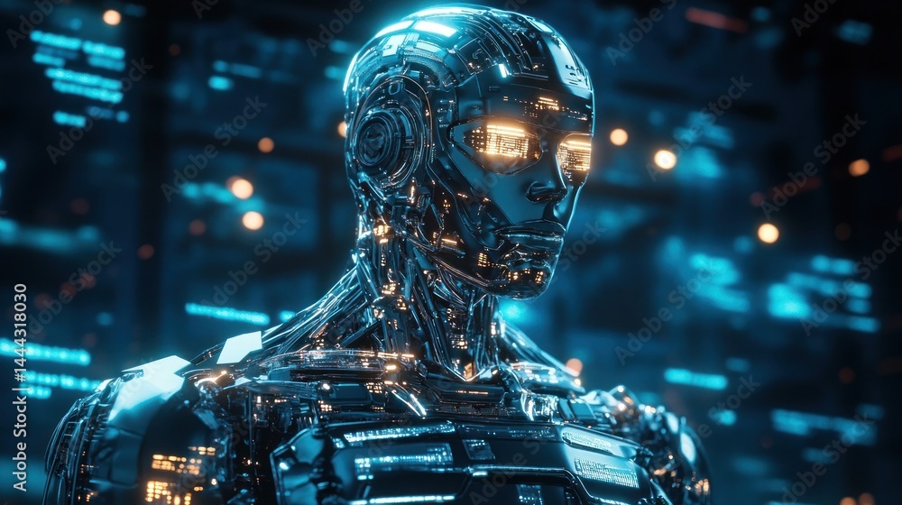 Futuristic robotic figure in a high-tech environment Futuristic robotic figure in a high-tech environment