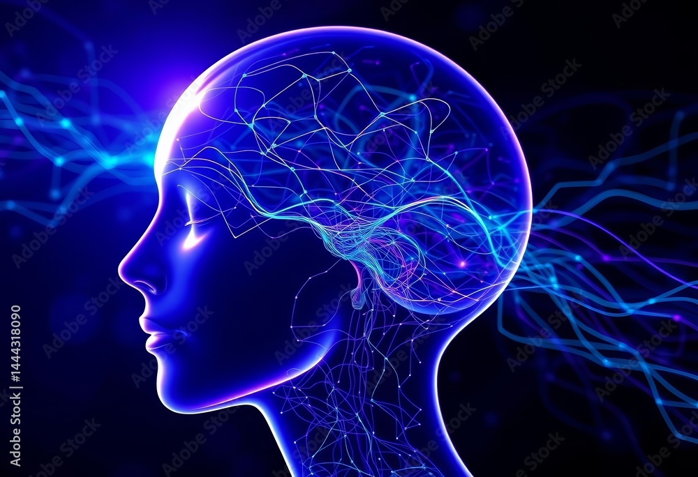 Translucent head, flowing blue & purple lines; abstract neural network visualization, backdrop, network Translucent head, flowing blue & purple lines; abstract neural network visualization, backdrop, network